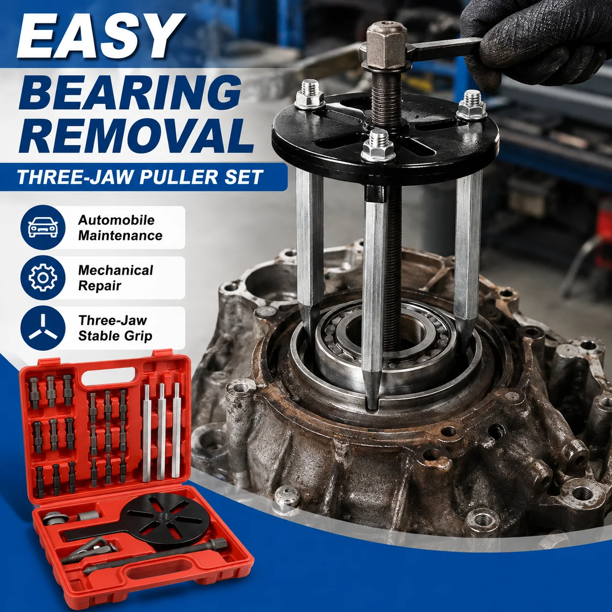 21Pcs Three-Jaw Bearing Extractor Puller Set 32-112mm Adjustable Alloy Steel Tool for Car Hub Gear Pulley Removal Repair