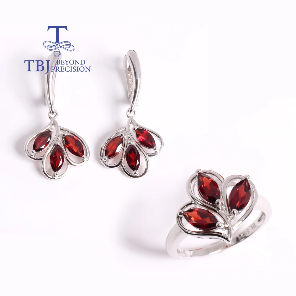 

Exquisite leaf design style with natural garnet ring earring S925 silver jewelry set January Birthstone women and girl fine gift