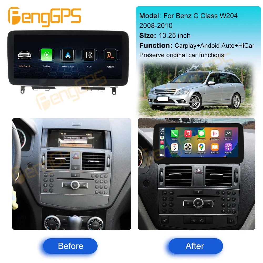 10.25 Inch Android Auto Wireless Carplay Linux System Car Multimedia Touch Screen Radio For Mercedes Benz C Class W204 2008-2010