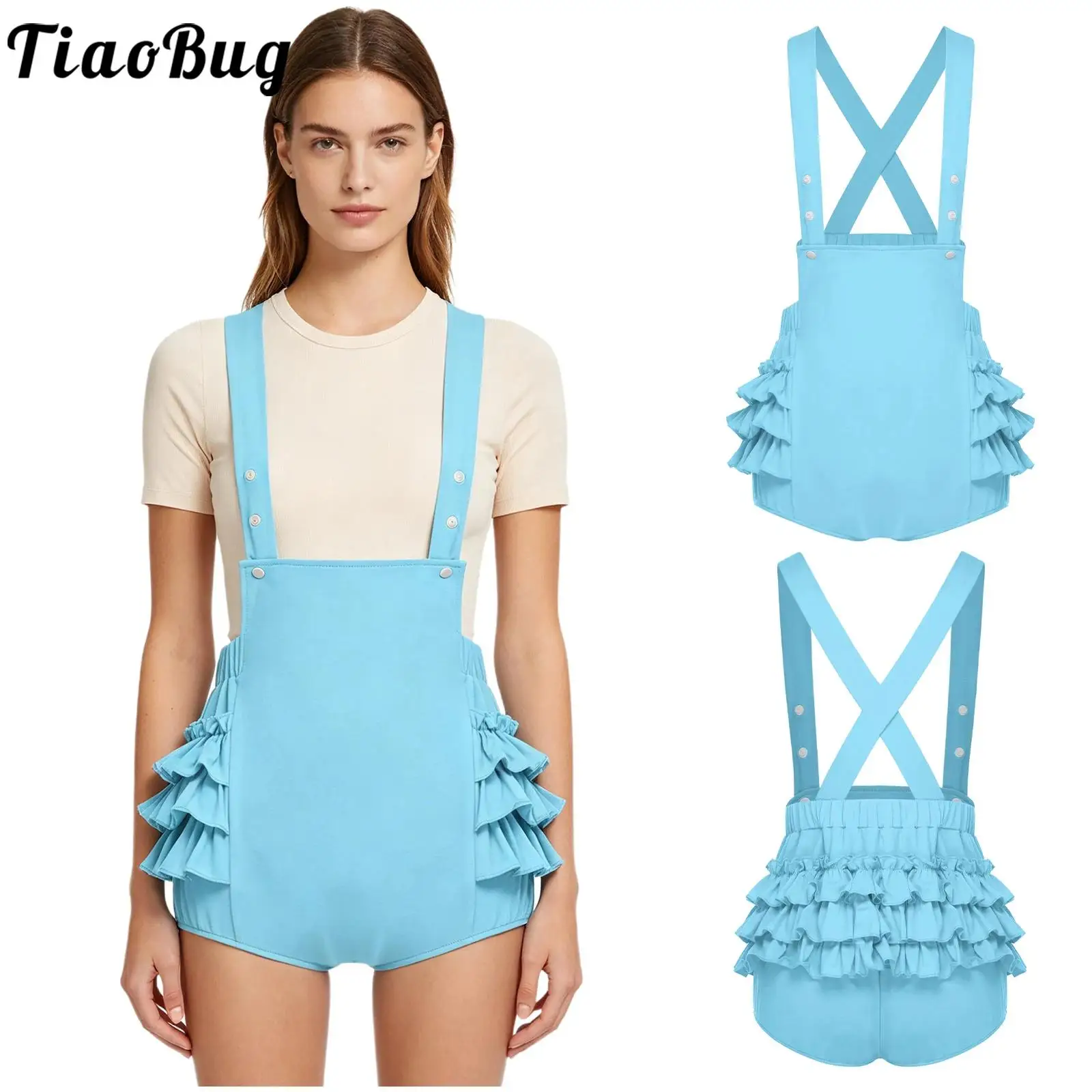 Women Fashion Suspender Ruffled Shorts Overalls Streetwear Elastic Waistband Adjustable Strap Short Bib Rompers for Party Rave