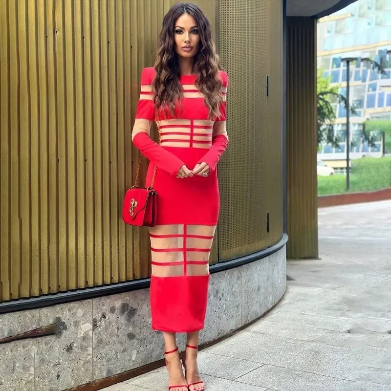 2025 الأوروبية والأمريكية الربيع/الصيف موضة مثير الربط منظور تنورة وسط جولة الرقبة طويلة الأكمام جديد سليم صالح فستان