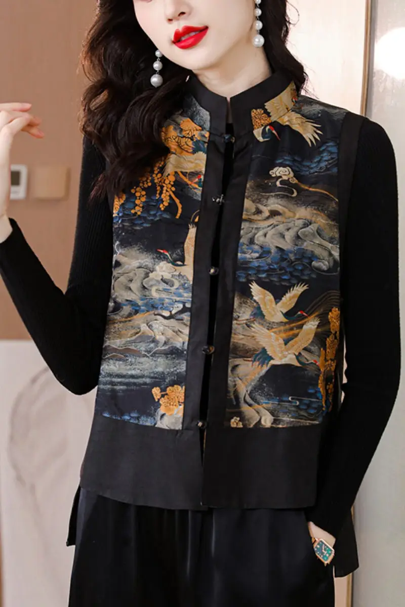 Chinese Vest 2023 Spring New Ethnic Style Retro Large Size Velvet Spliced Waistcoat Sleeveless Printed Reversible Coat Tops Z928