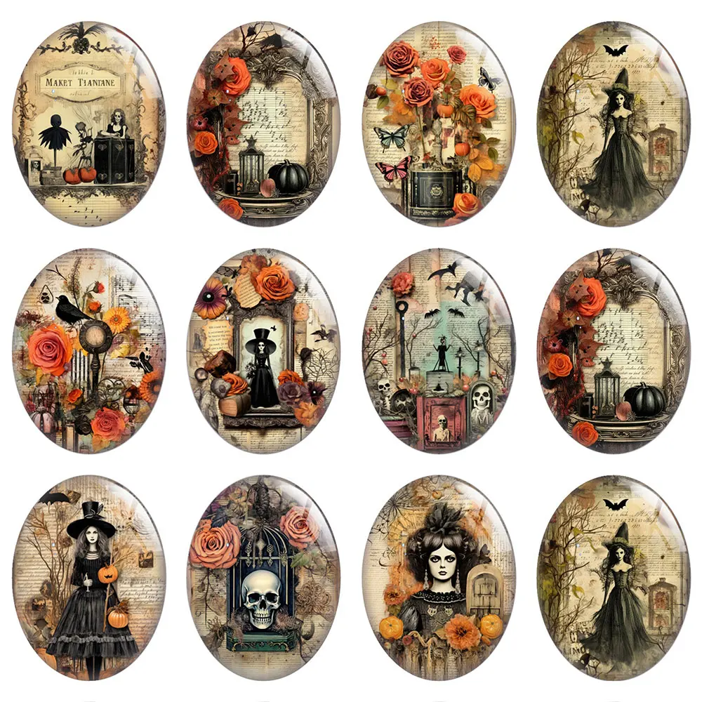 

10pcs/lot Halloween Retro Witch Wizard Flower Pumpkin SKull Oval Photo Glass Cabochon Flatback Demo Cameo Diy Jewelry Making