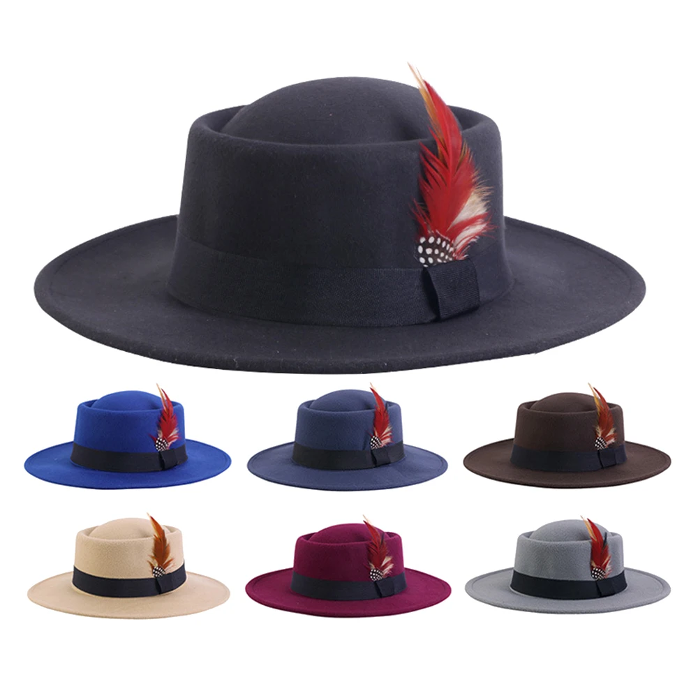 Retro Feather Felt Hat Classic Convex Top Polk Pie Coffee Top Hat Church Hats Large Brim Panama Party Decorate Sun Hat