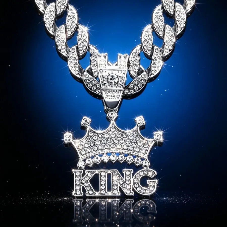 Cross-border hot sale creative full diamond letter king crown pendant necklace hip-hop alloy rhinestones Cuban chain necklace