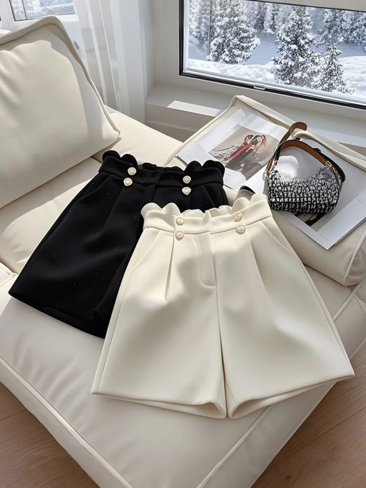 

Spring Autumn 2025 New Shorts High Waist Solid Color Pockets Ruffles High Waist Ropa De Mujer All Match Design Women Clothing