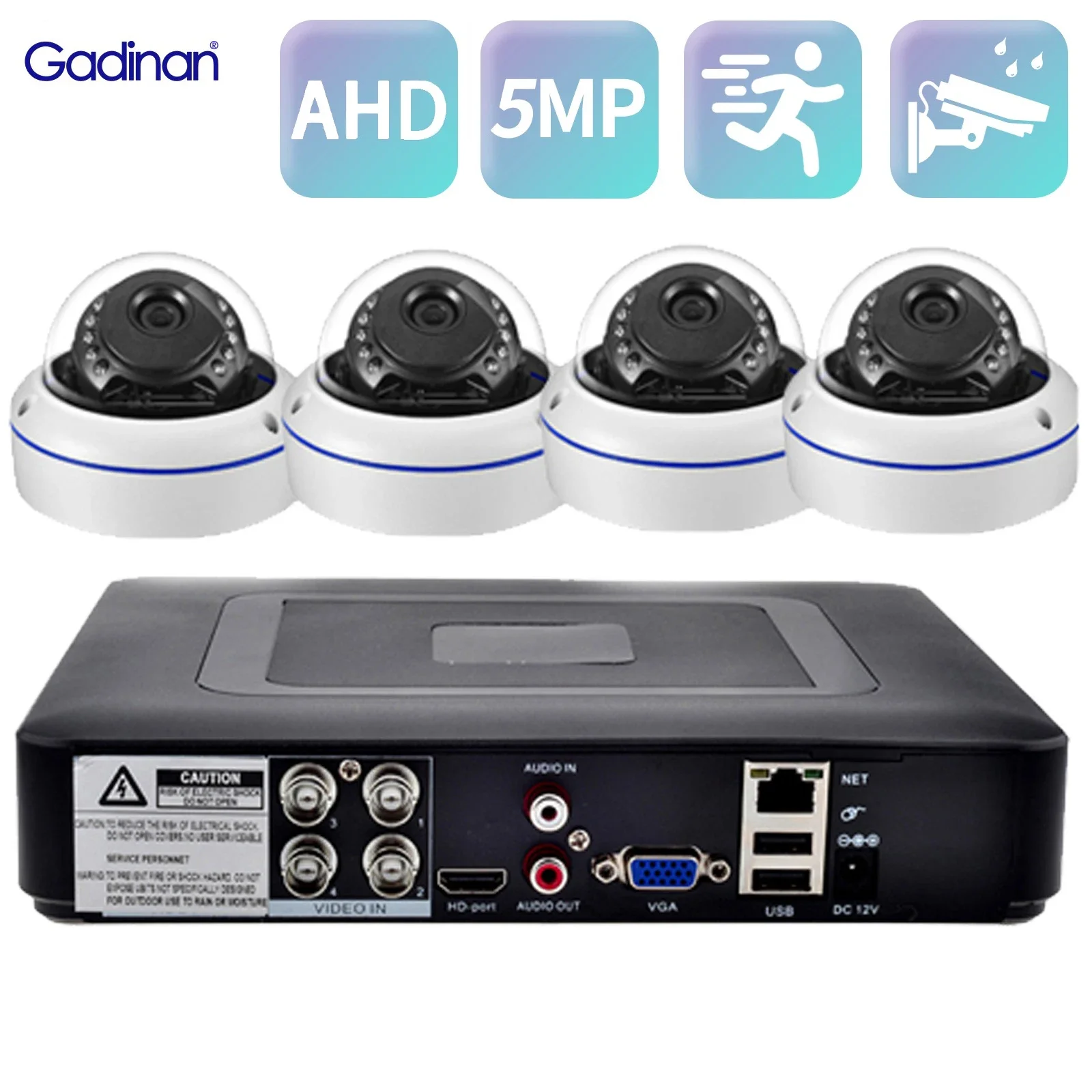 Gadinan AHD 5MP Security Monitor Kit 5 in 1 Video Recorder Dome Metal Case Camera 2.8mm CCTV Motion Detection Video Suit