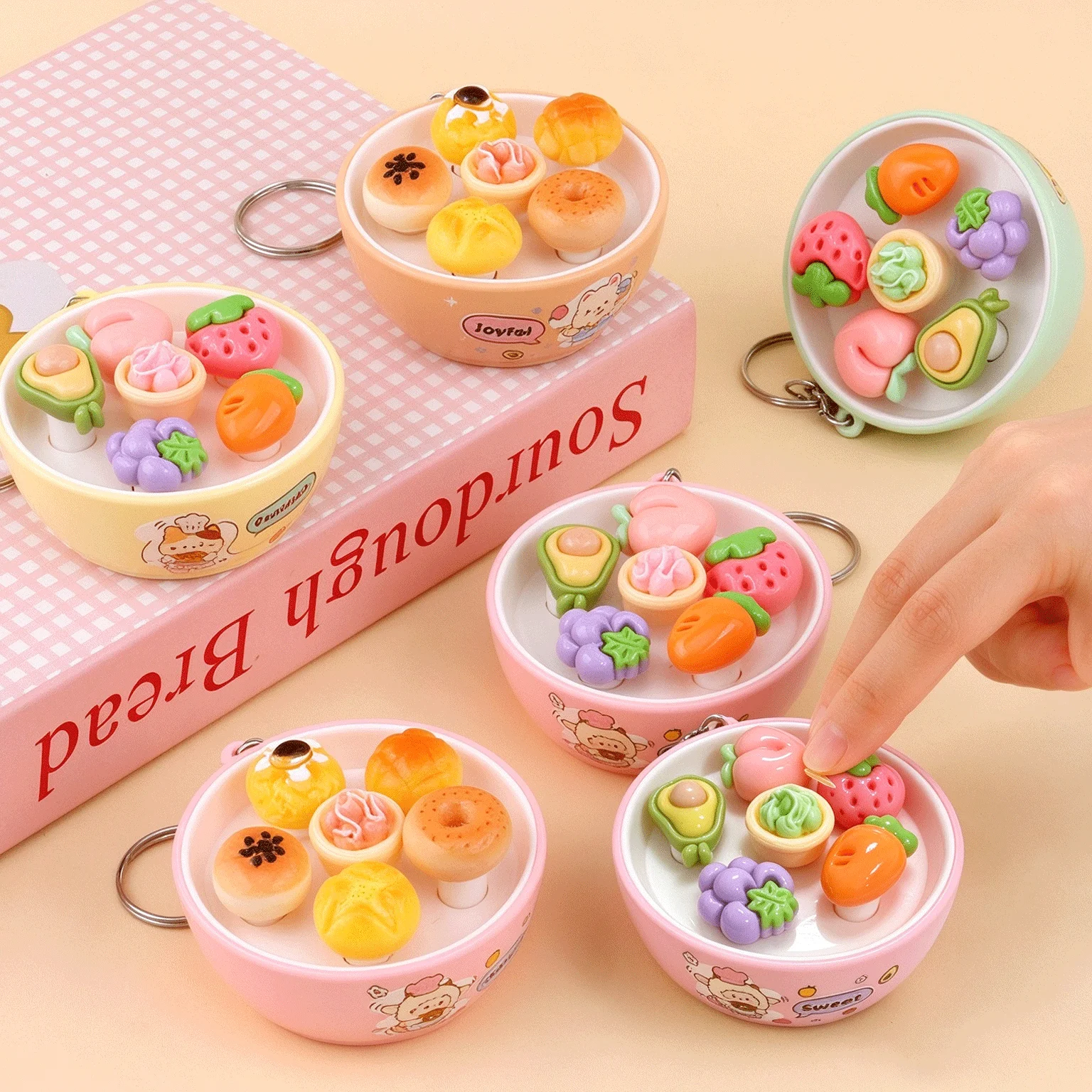 Mini Hit The Mole Game Keychain Cartoon Food Shape Press Rebound Fidget Toy Stress Relief Key Chain Backpack Charm for Adults