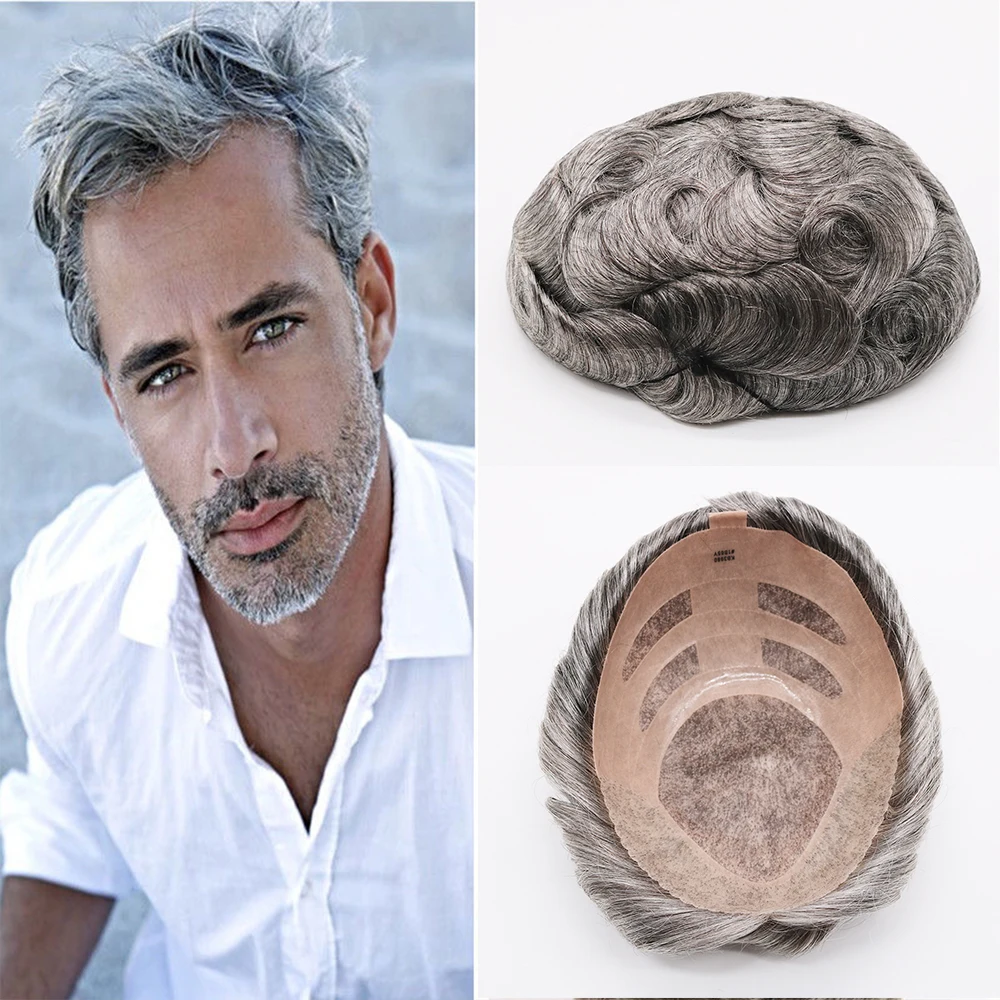 

Durable Strongest NPU Bond Mono #1b65 Gray Men Toupee Human Hair Wigs Prosthesis Breathable Natural Hairline Capillary System