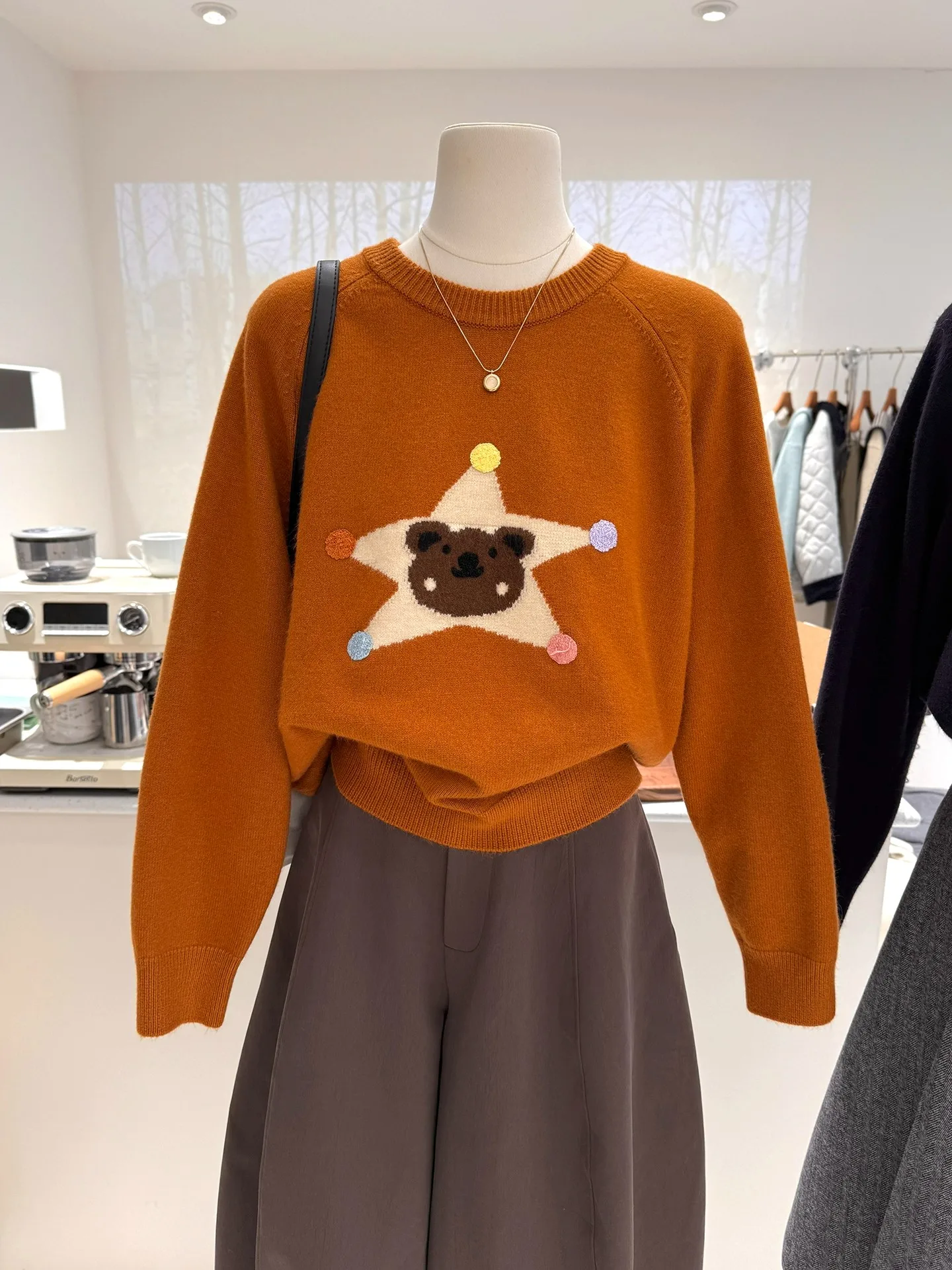 Retro Korean Sle Women's Knitted Sweater round Ne Loose Fit Soft Cozy Cartoon Bear Star Print Autumn Winter New Arrival