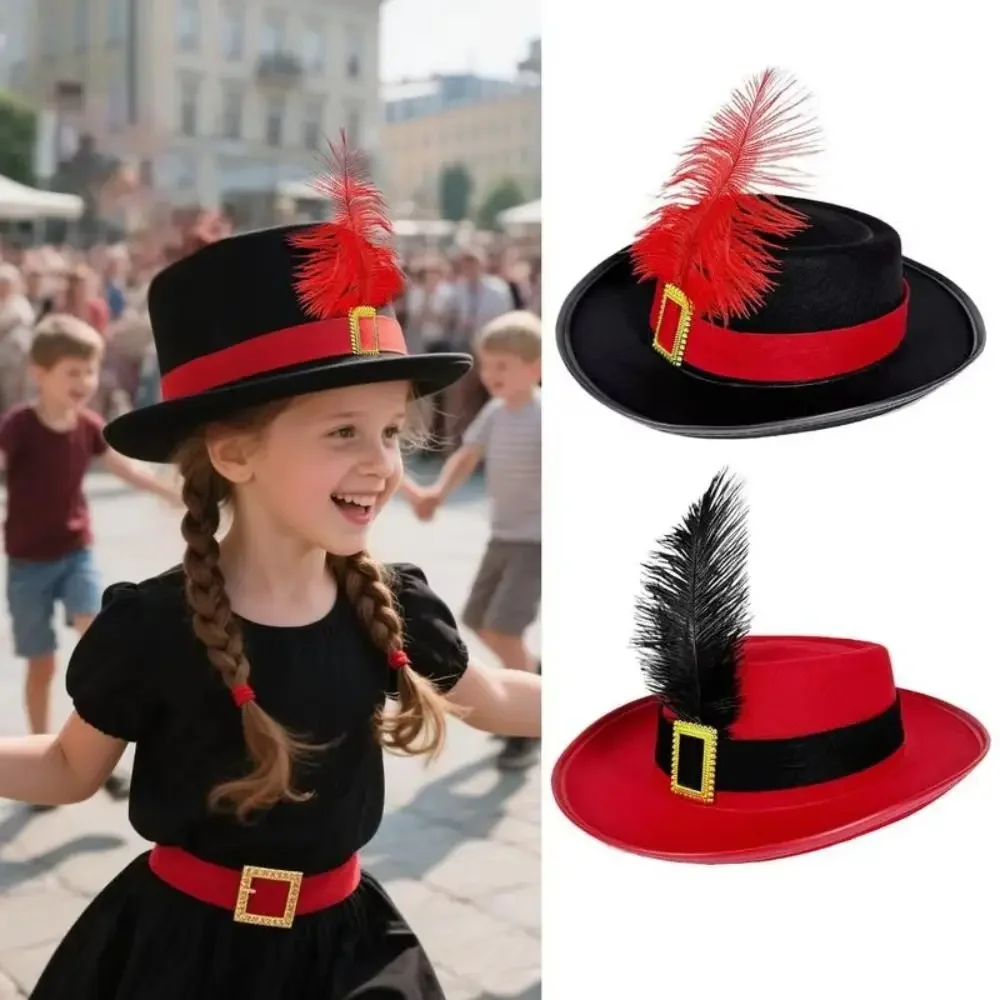 Sombrero de disfraz de mosquetero negro Vintage, sombrero de mago con plumas, sombrero de disfraz de vacaciones, sombreros de copa puesta en escena, sombrero de Cosplay para niños