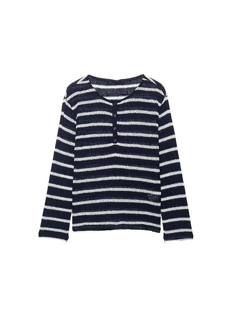 New Women T Shirts Long Sleeve Loose Top Fashion Striped Print O Neck Shirts 2026 Autumn Ladies Chic Button Pullover Streetwear