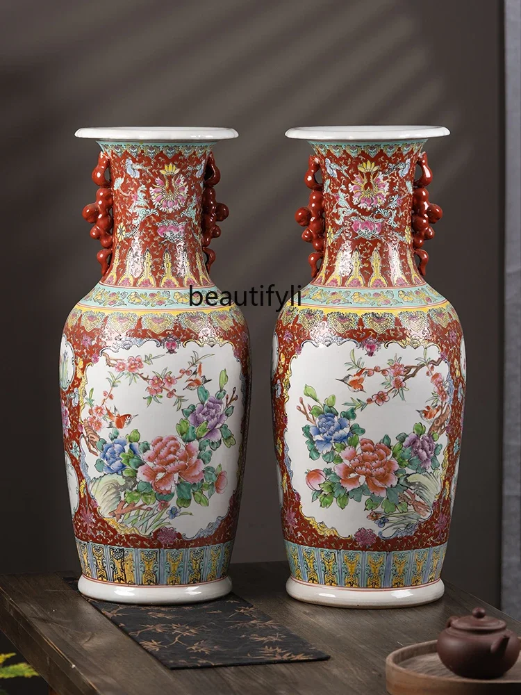 Jingdezhen Ceramic Large Vase Antique Pastel Home Living Room Entrance Decorative Flower Arrangement Decoration