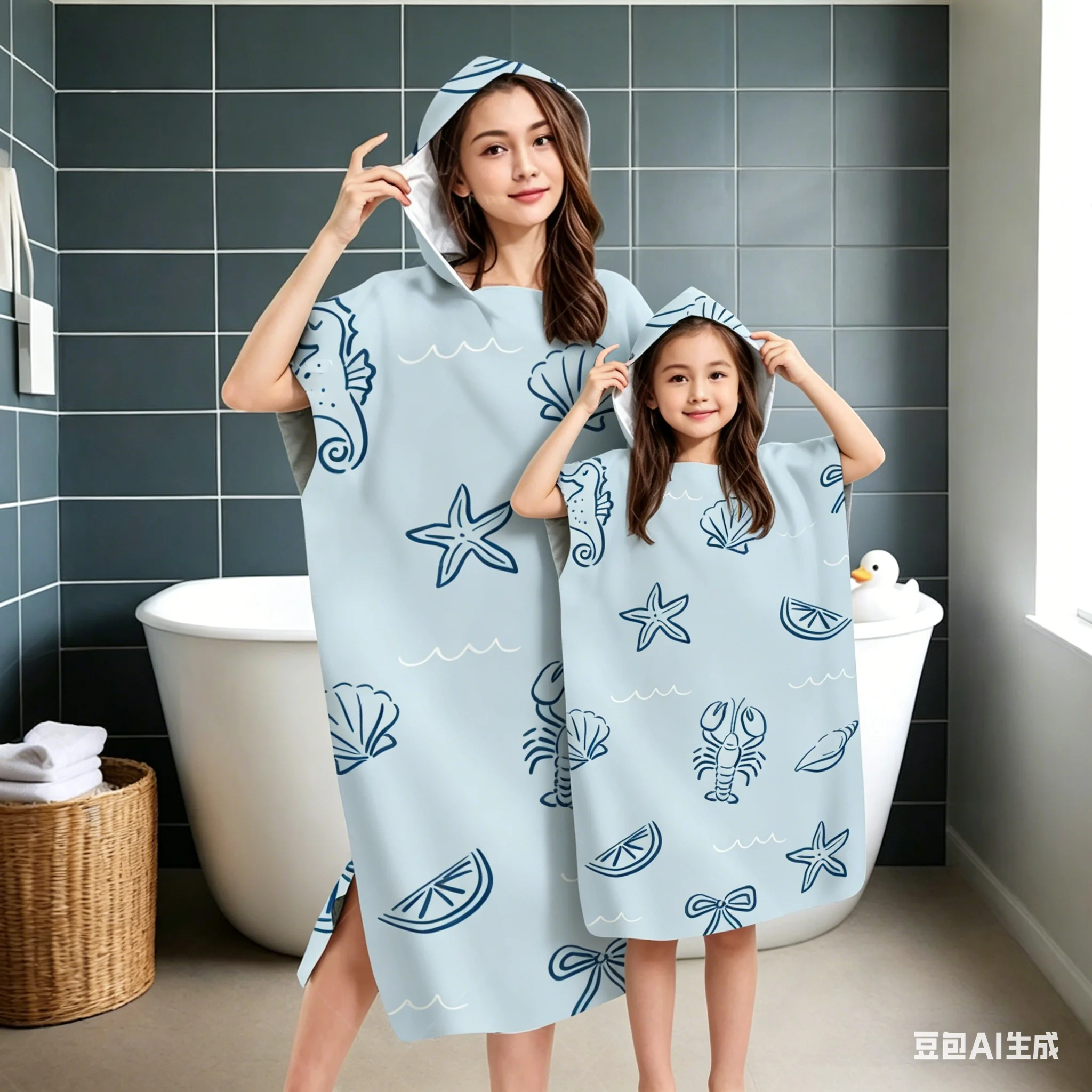 Ocean Starfish & Seahorse Hooded Towel Poncho, Microfiber Quick-Dry Bath Robe, Family Matching Beach Changing Robe for Adults &