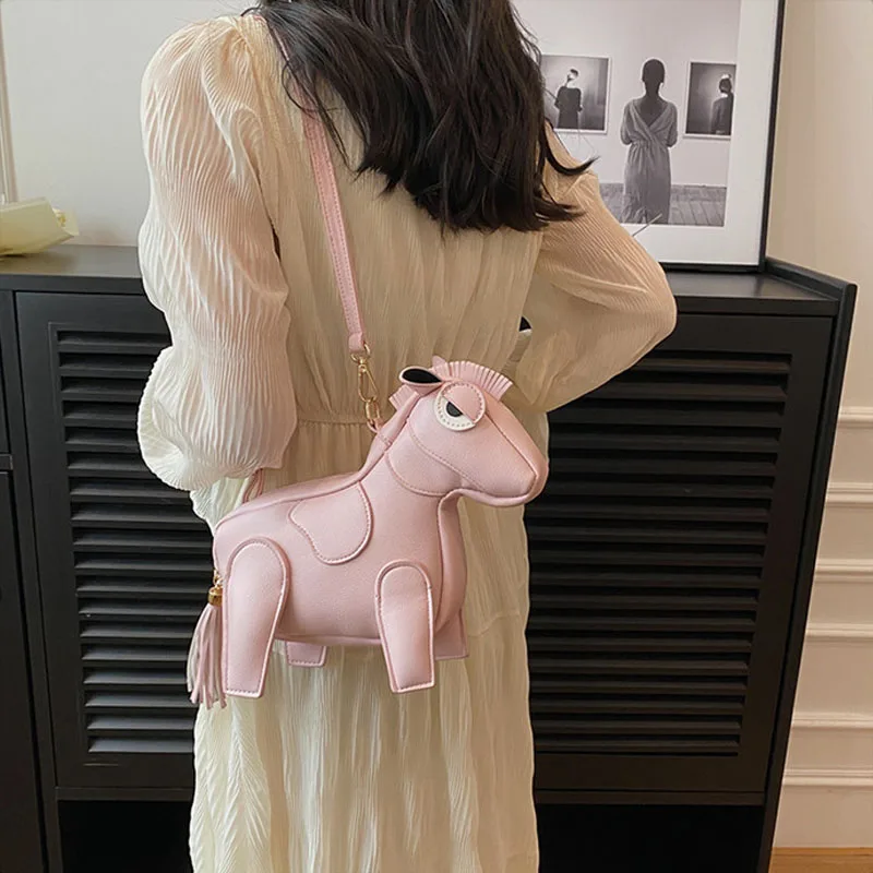 

Women PU Leather Shoulder Bag 3D Angry Pony Depressed Horse Cartoon Cute Animal Crossbody Bag Kawaii Funny Travel Crossbody Bag