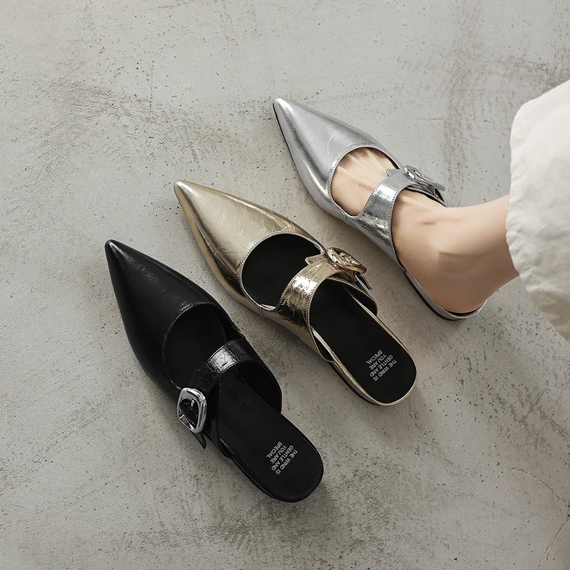 2026 new summer women sandals natural leather 22-25cm cowhide+sheepskin+pigskin pointed toe buckle mules women shoes slippers