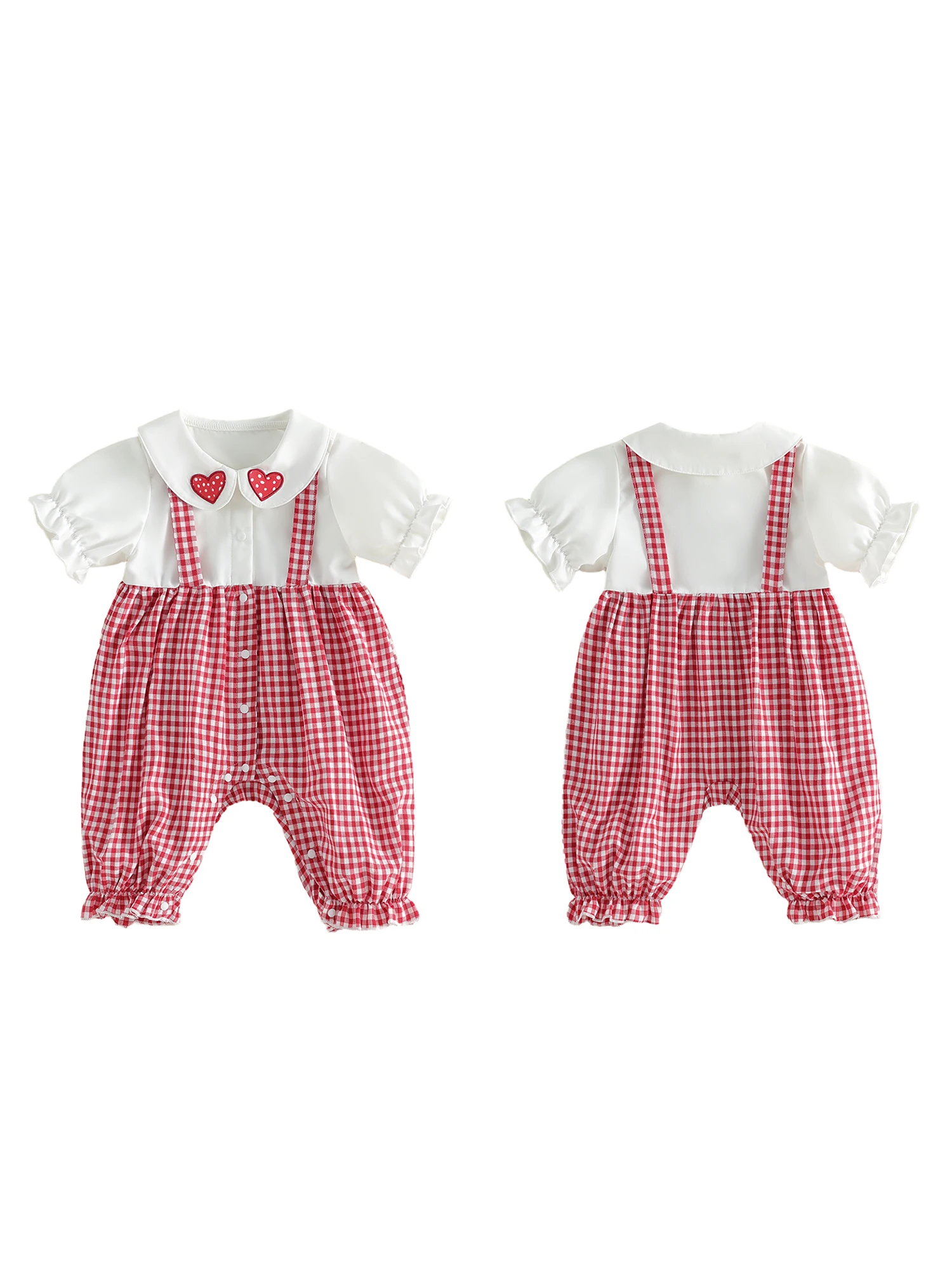 

Комбинезон с короткими рукавами и принтом в виде сердечек для маленьких девочек, с воротником с рюшами и пуговицами — комбинезон на День святого Валентина для маленьких девочек