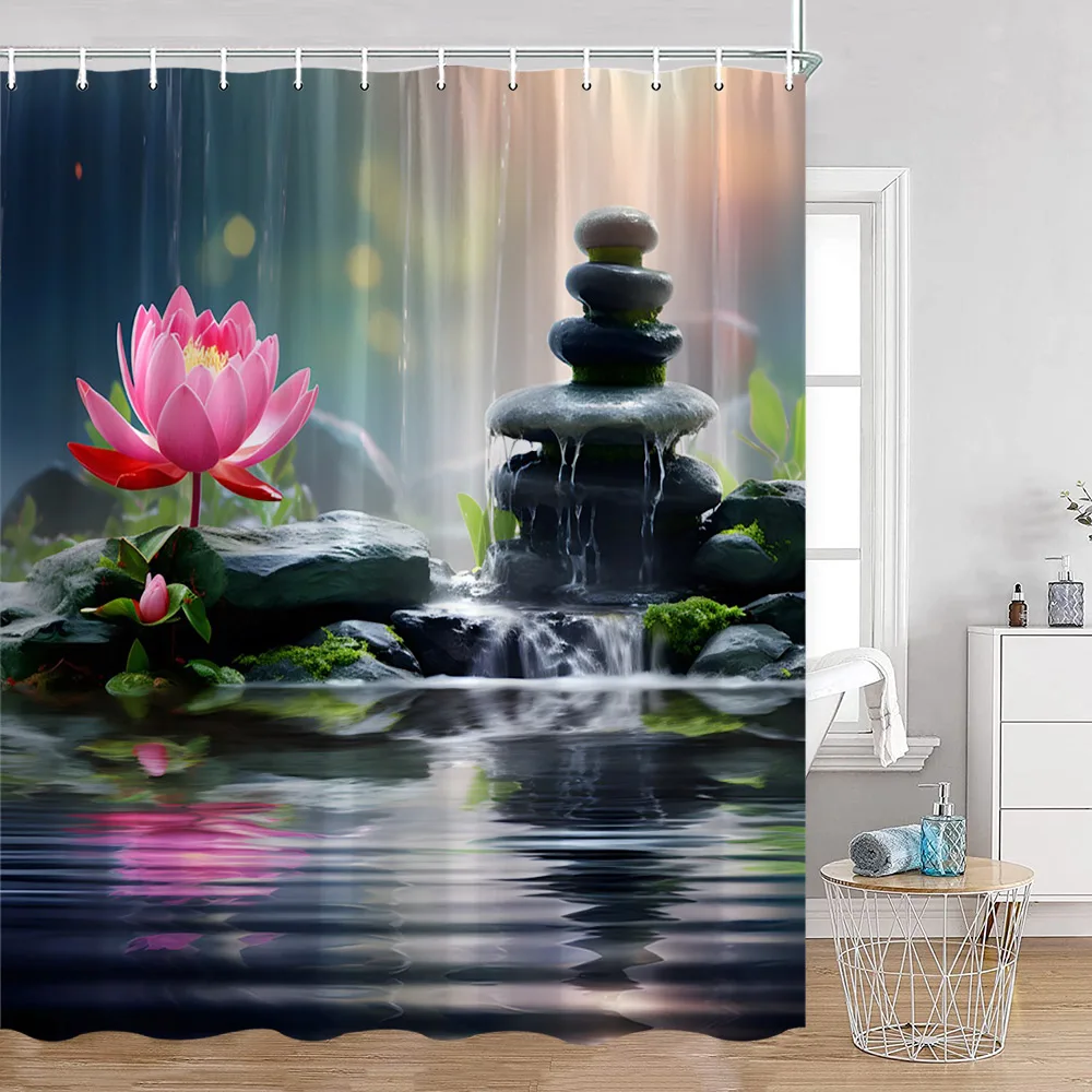 Zen Shower Curtains Green Bamboo Lotus Black Stones Buddha Meditation Bathroom Decorations Polyester Bath Curtain with Hooks