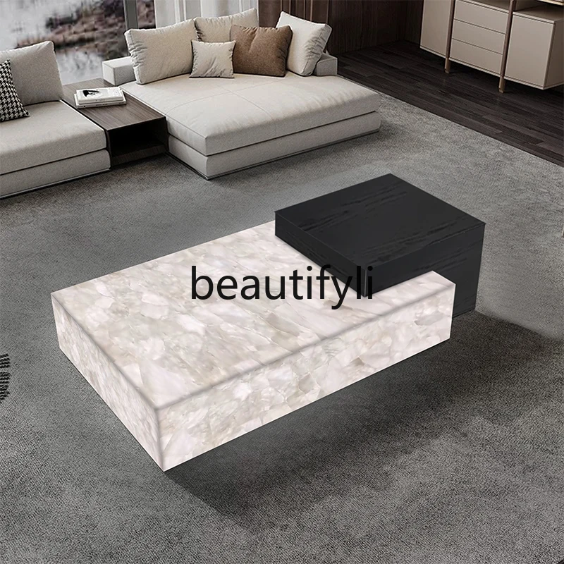 

Luminous jade coffee table solid wood large flat-floor villa high-end light luxury modern rectangular coffee table