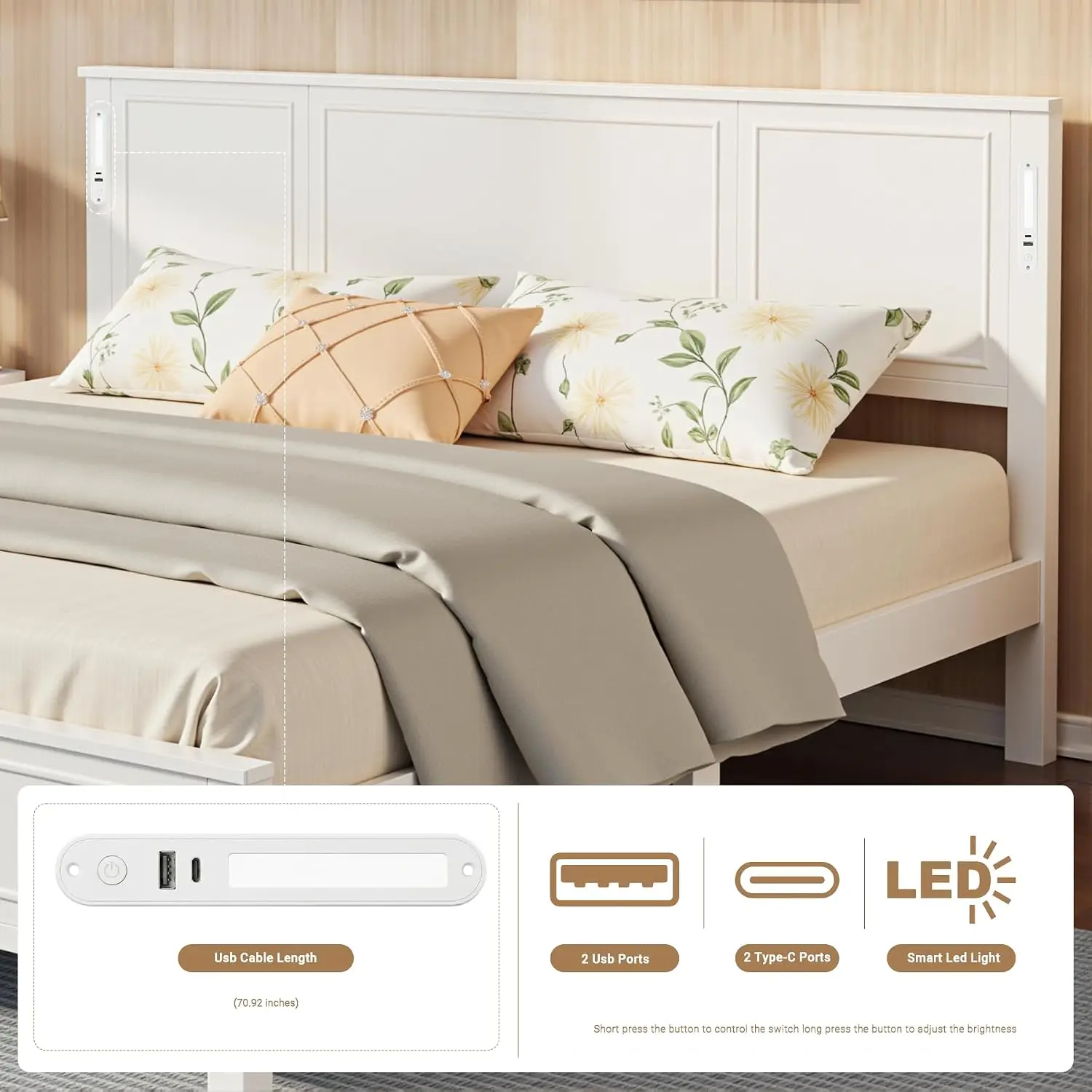 Queen Bed Frame with Headboard, Queen Size Pinewood Platform Bed Frame with LED Lights and USB Charging Station,, Customized - view 3
