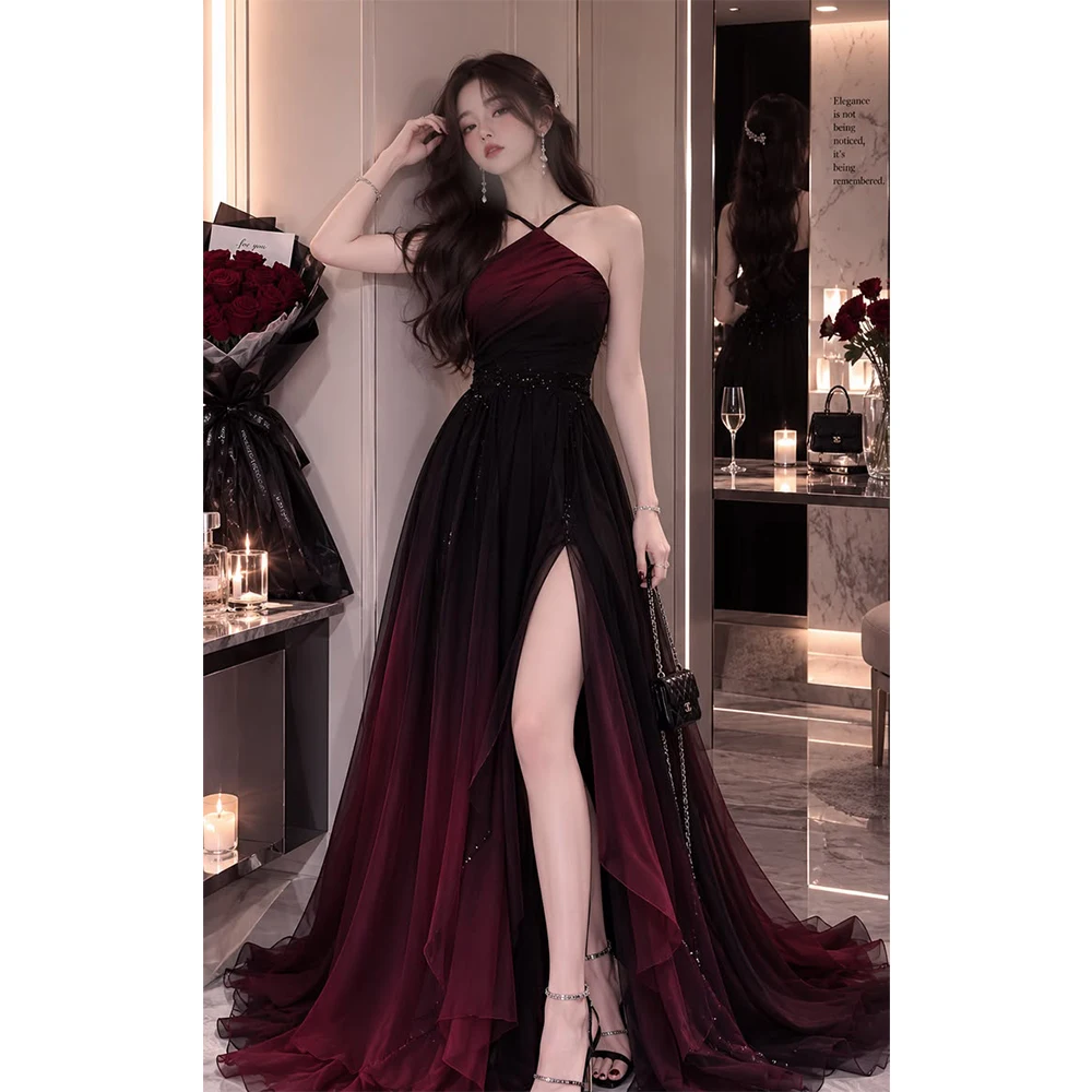 Halter Neck Gradient Tulle Evening Dress Sparkly Beaded High Slit Floor‑Length Formal Prom Wedding Guest Party Maxi Gown For Wom