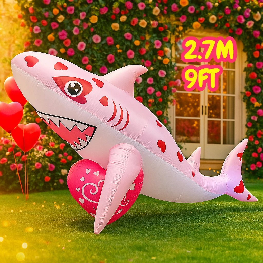 San Valentino Gonfiabile Simpatico Squalo 2.7M/9FT Decor Romantico Giardino Festa Illuminazione Luce LED incorporata Decorazione del cortile
