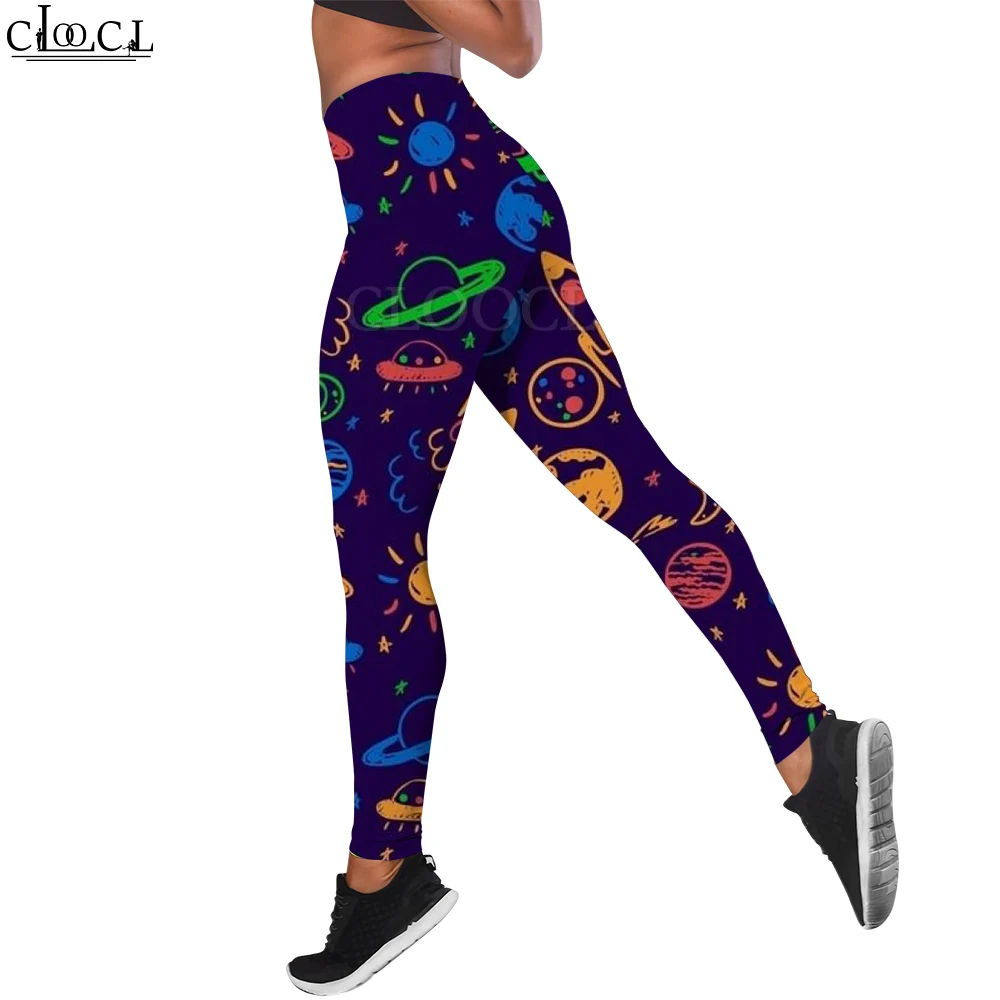 CLOOCL Fitness Leggings Tights Running Trouser Romantic Spacecraft Rocket Planet Print High Waist Breathable Yoga Pants Women