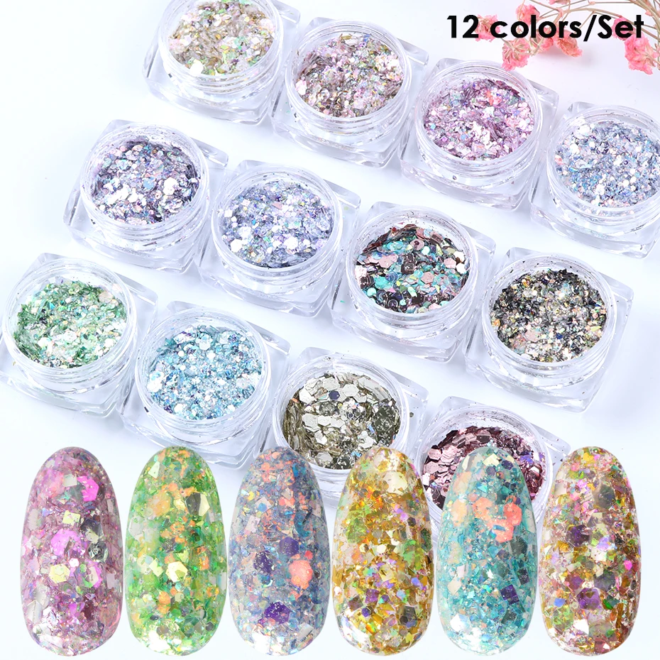 Conjunto de pó glitter para nail art, holográfico, brilhante, gel polonês, 3d, lantejoulas para manicure, ferramentas de decoração, 12 peças