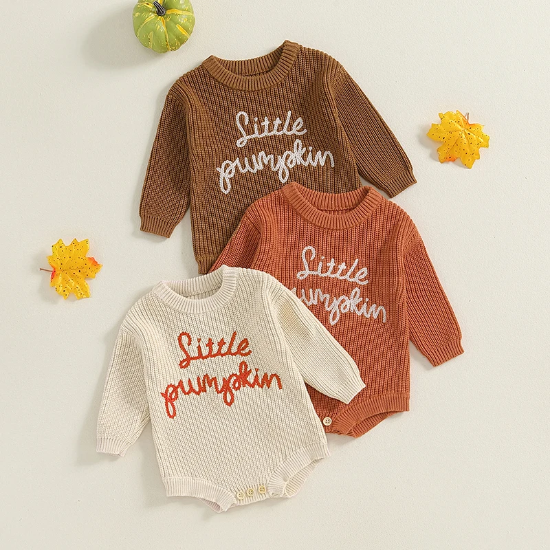 EWODOS Baby Sweater Romper Long Sleeve Round Neck Little Pumpkin Letter Embroidery Knitting Wool Bodysuit Infant Winter Outfit