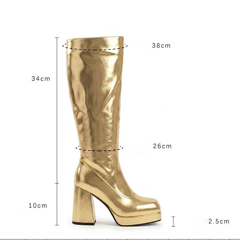 SIMLOVEYO Womens Knee High Boots Square Toe 10cm Block Heel 2.5cm Platform Zipper Big Size 42 43 44 45 46 47 Party Long Footwear