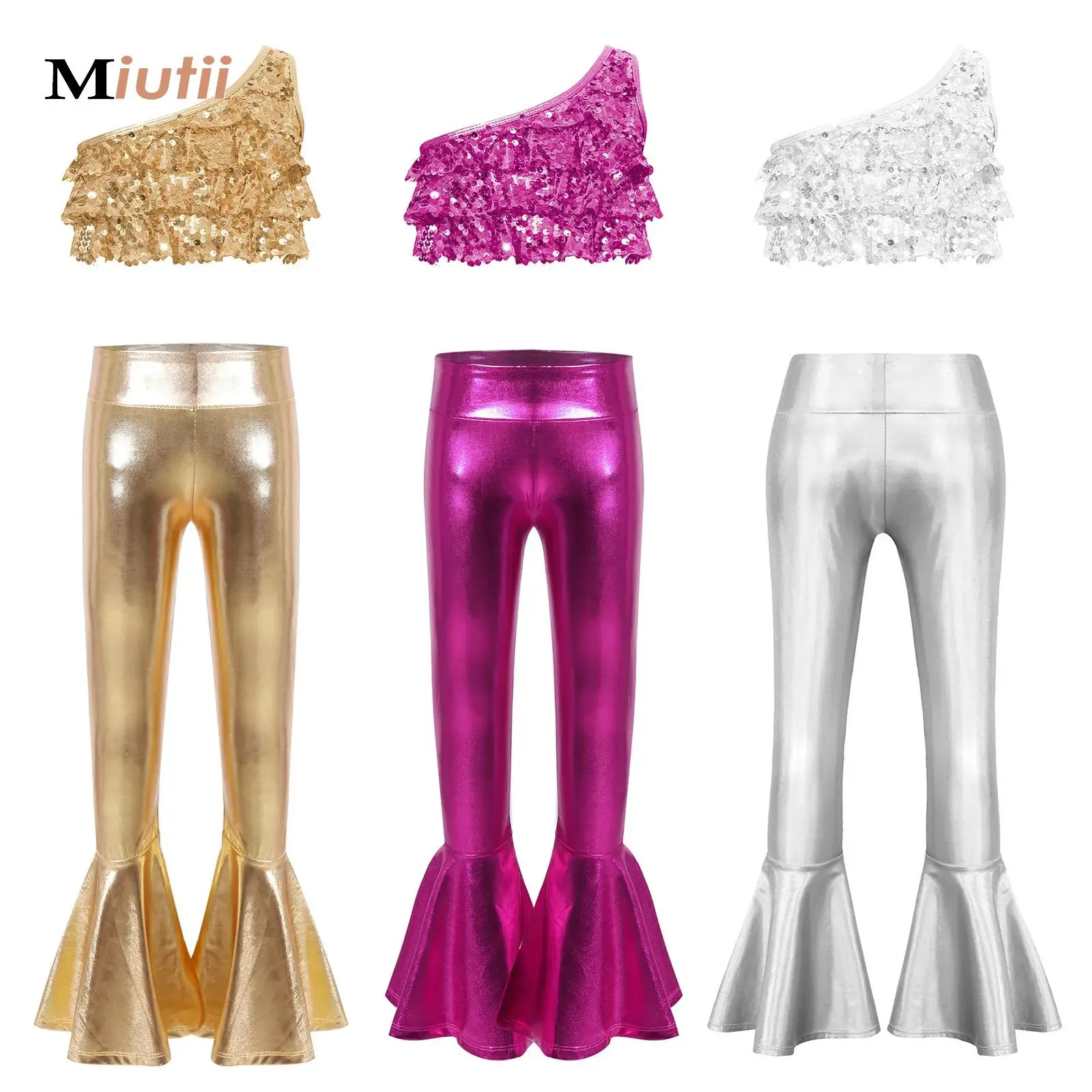 

Kids Girl Hip Hop Jazz Outfits Set Short Sleeve Metallic Disco Crop Top with Pleated Pants Cheerleading Performance Costume