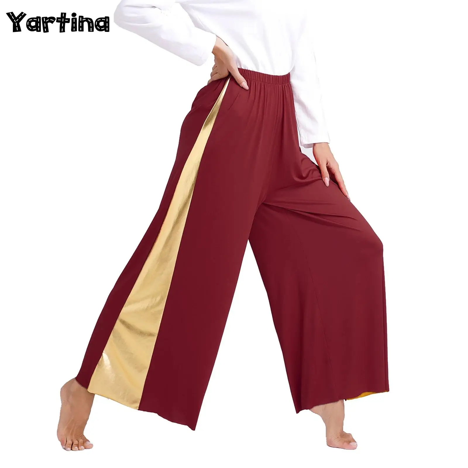 Womens Liturgical Praise Lyrical Ballroom Dance Ceremony Choir Costume Metallic Loose Pants High Waist Wide-Leg Trousers