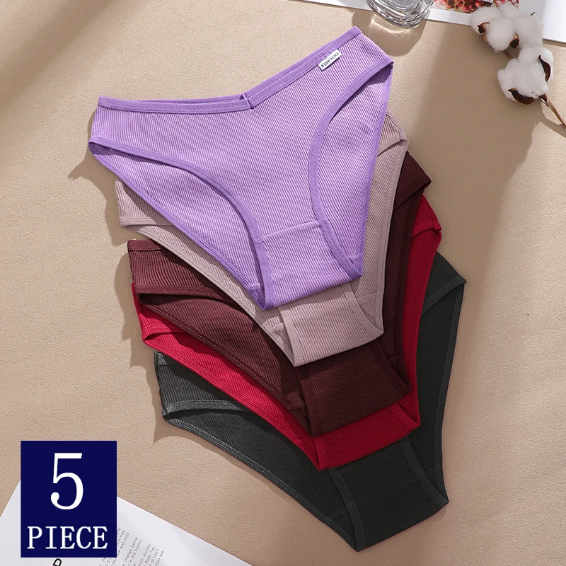 FINETOO 5Pcs/Set Seamless Cotton Ribbed Underwear Solid Color Comfortable Panties Big Size Briefs Female Soft Intimates Lingerie