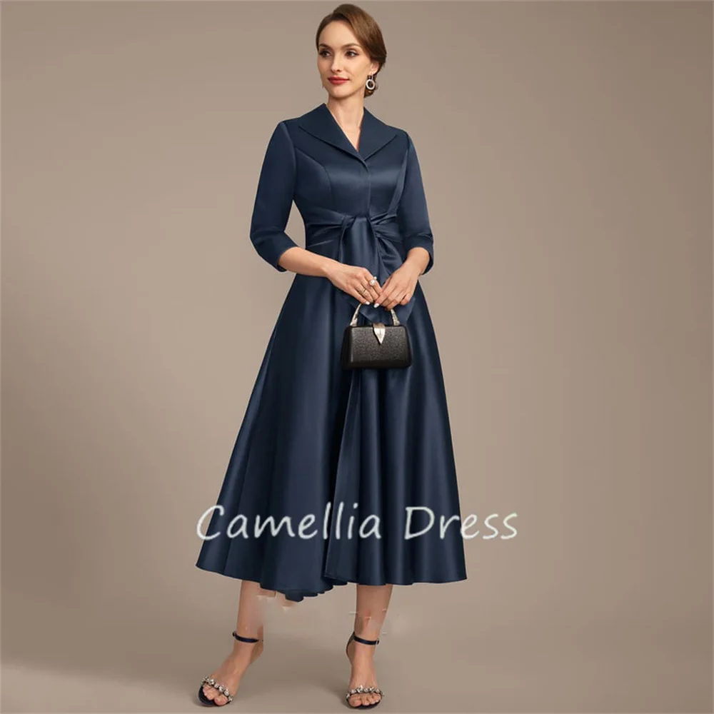 New V-Neck Mother Of The Bride Dress A Line Tea-Length Satin Formal Dresses With Pockets Vestidos Mae Da Noiva Casamentos