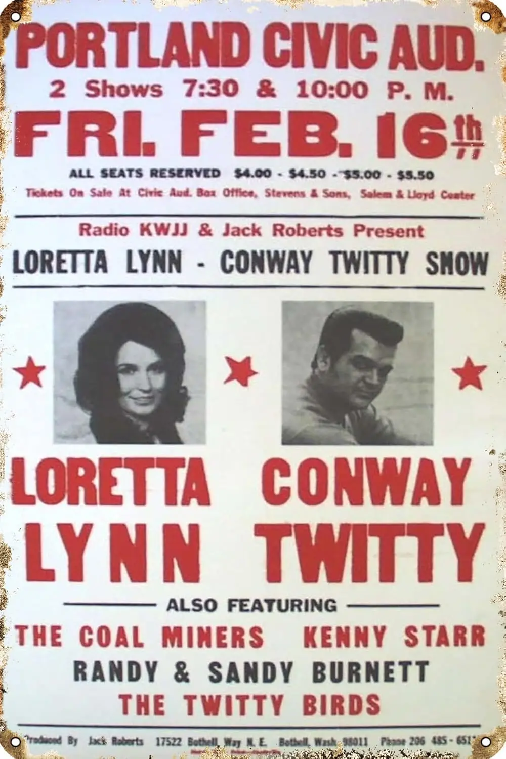 Loretta Lynn And Conway Twitty ARLO GUTHRIE - Rare Concert Posters of the 60's and 70's Poster Tin Metal Sign 8x12 In