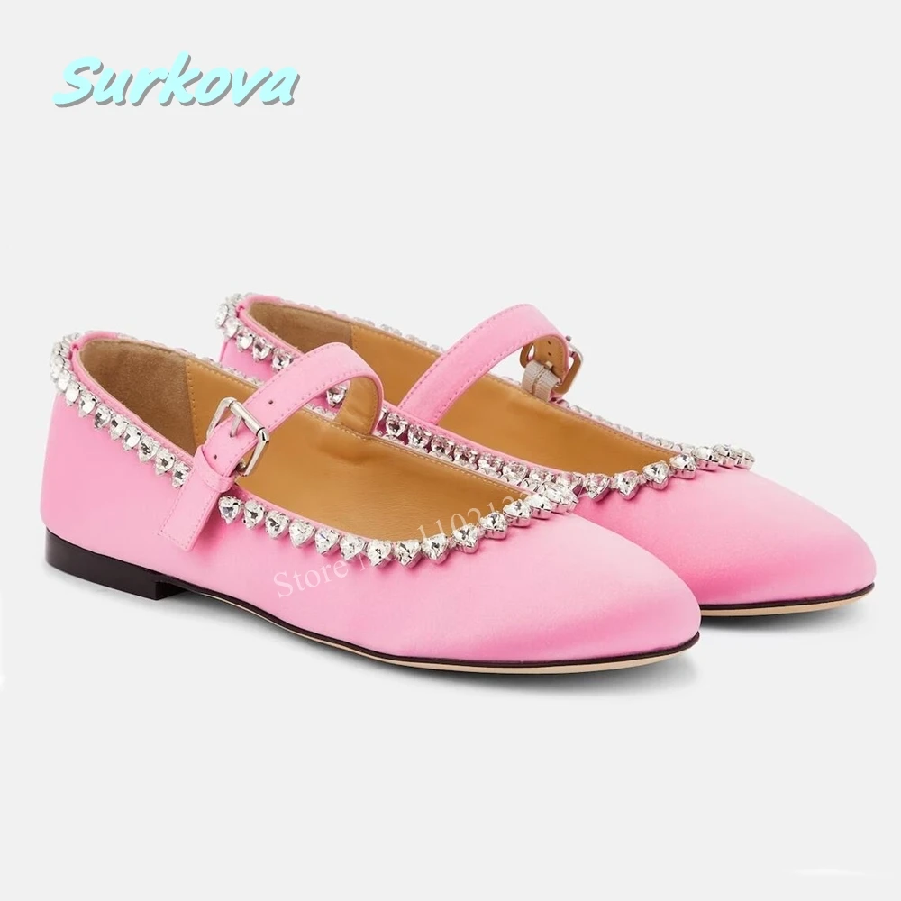 News Pink Flat Ballet Heart Rhineston Pumps Solid Round Toe Buckle Spring Summer Luxury Fashion News Sweet Weeding Shoes