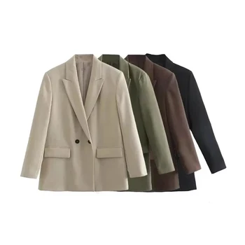 سترة نسائية عصرية فضفاضة مزدوجة الصدر معطف عتيق بجيوب وأكمام...