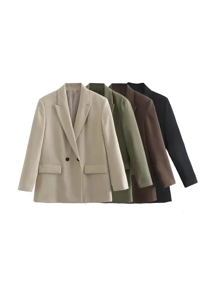 Damska moda Dwurzędowa luźna marynarka płaszcz w stylu vintage z długim rękawem i kieszeniami Odzież wierzchnia dla kobiet Elegancka Veste Femme