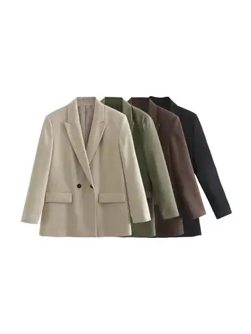 TRZA 여성 패션 더블 브레스트 루즈 피팅 블레이저 코트 빈티지 긴 소매 주머니 여성 겉옷 Chic Veste Femme