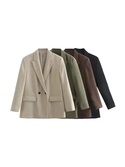 Damska moda Dwurzędowa luźna marynarka płaszcz w stylu vintage z długim rękawem i kieszeniami Odzież wierzchnia dla kobiet Elegancka Veste Femme