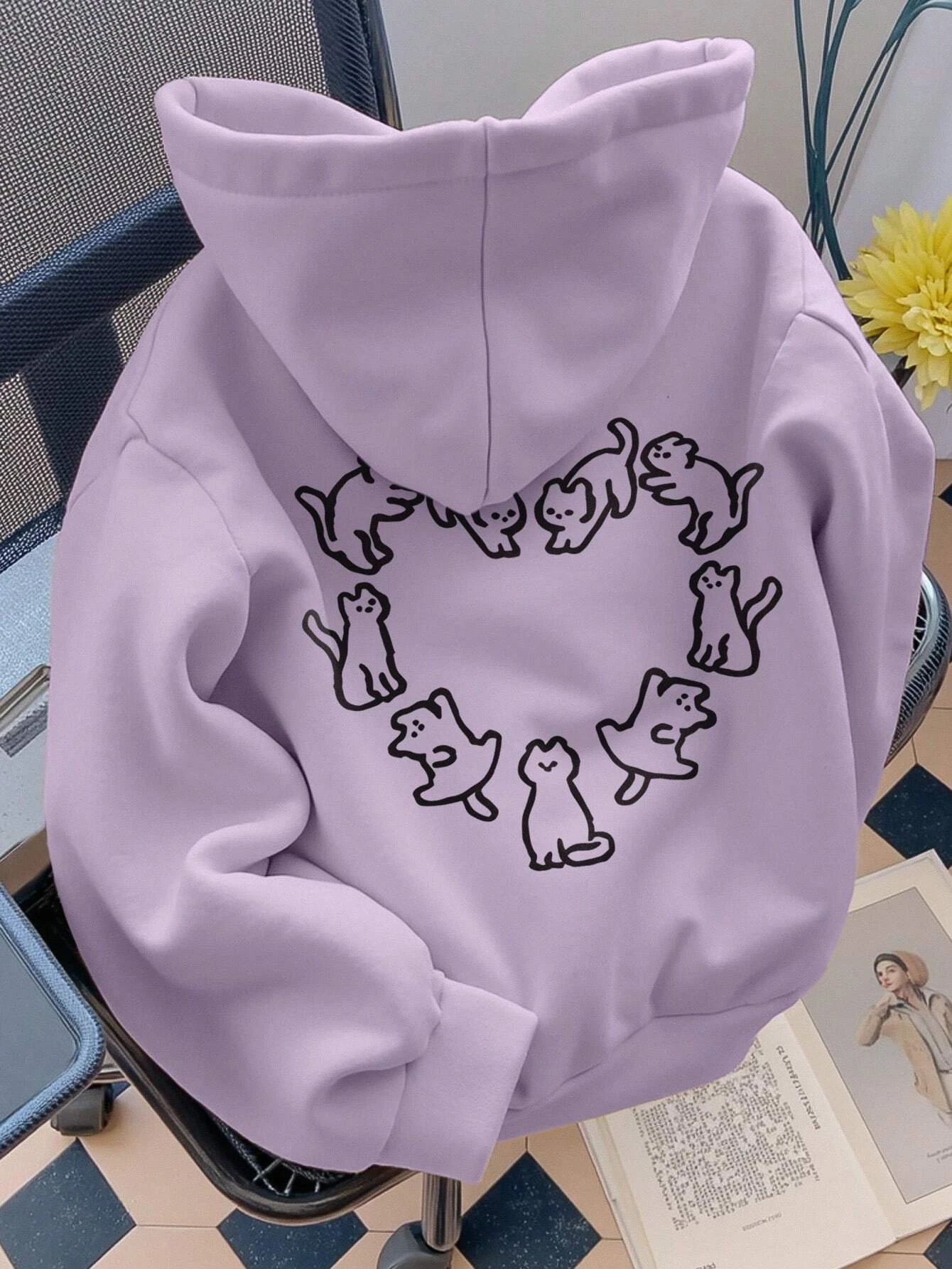 Solid Black Hooded Sweatshirt with Adorable Cartoon Cats Pattern Soft and Comfortable Pure Cotton Material Stylish and Casual