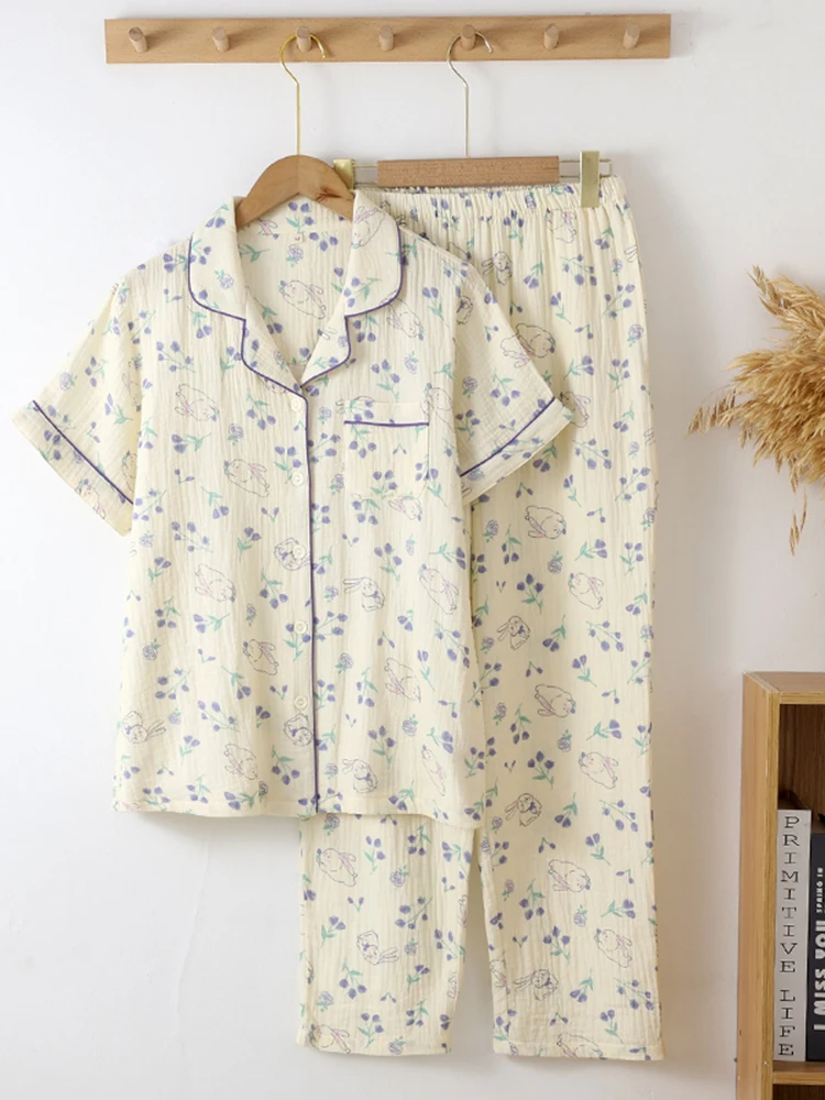 

Country Sle Pure Cotton Gauze Spwear ort Sve Длинные брюки Комплект домашней одежды для женщин Тонкая летняя весенняя верхняя одежда