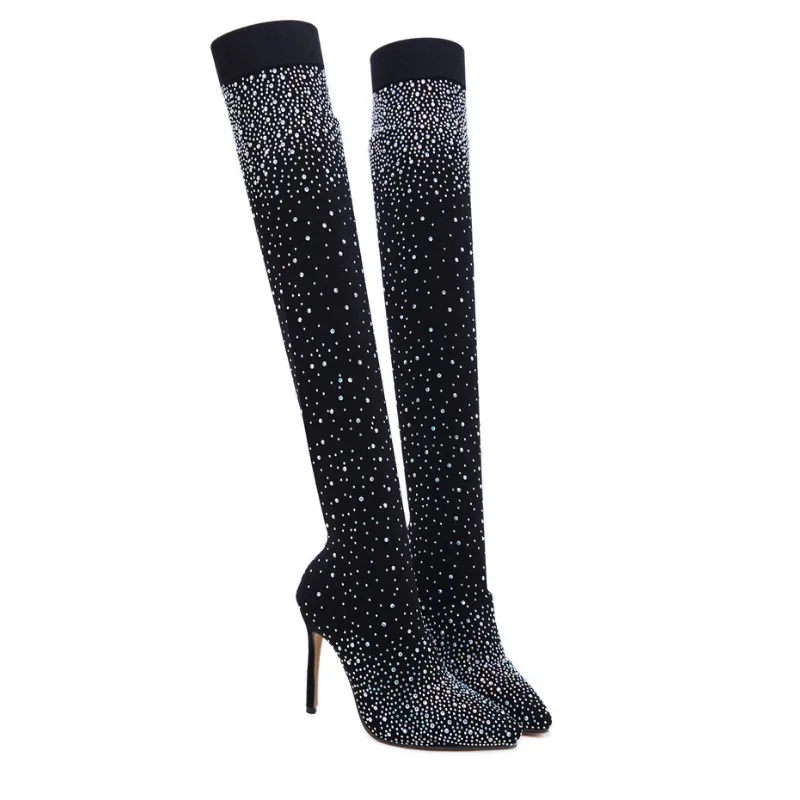 Jesienne buty do kolan 2024 Luxury Woman Shoes Rhinestone Pointed Toe Sexy High Heels Plus Size 43. Thigh High Sock Botas De Mujer