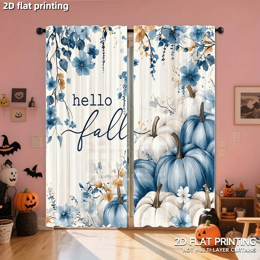 2 pcs,Halloween pumpkin flower curtains,watercolor country wood grain background,suitable for living room bedroom home decoratio