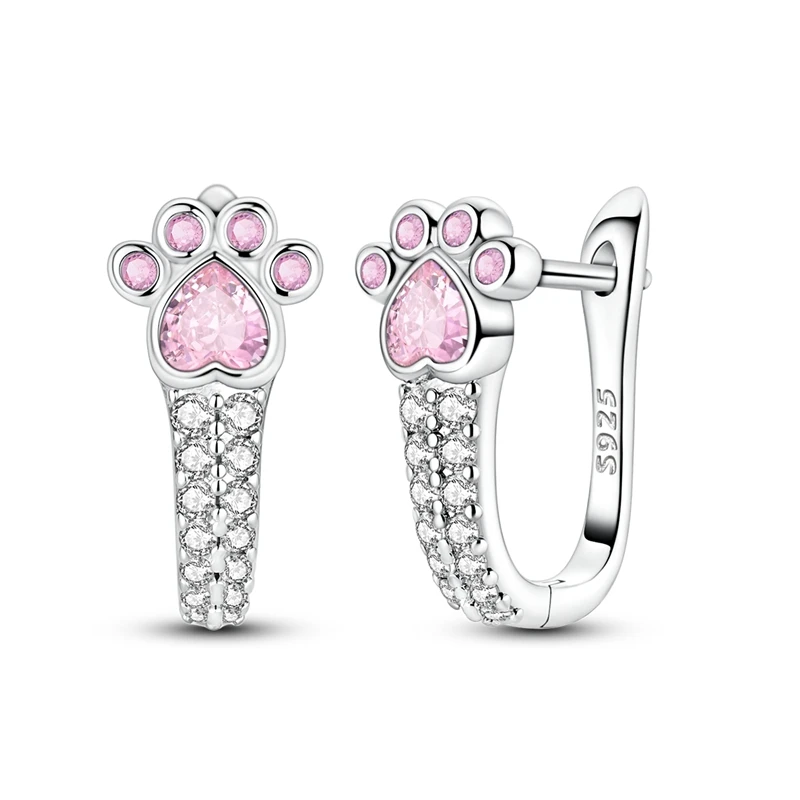 925 Sterling Silver Pink CZ Paw Print Huggie Hoop Earrings Pet Cat Dog Paw Ear Buckle Warm Pet Memory Women Fine Jewelry Gift