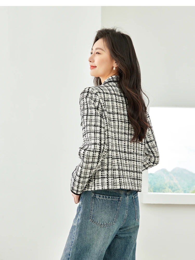 Vimly Short Notched Tweed Jackets Autumn Coat for Women 2023 New in Outerwear Black White Plaid Straight Female Jackets M3273