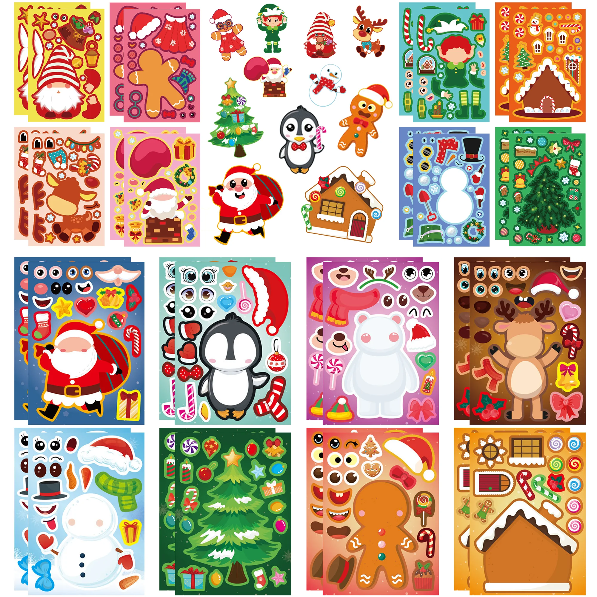 Crea il tuo gioco per la festa di Natale, 32 adesivi natalizi fai-da-te per decorazioni per feste di Natale, crea i tuoi adesivi natalizi per il viso, adesivi natalizi con Babbo Natale e pupazzo di