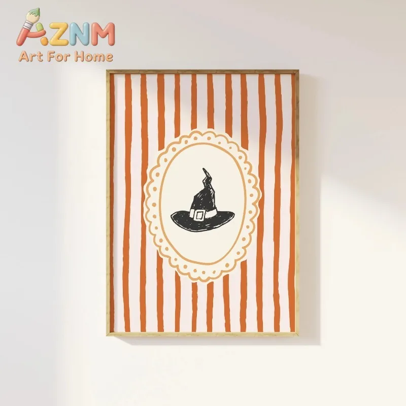 Retro Striped Witch Hat Wall Art Print Orange Halloween Witch Artwork Spooky Season Home Interior Decor Unframed Canvas Painting