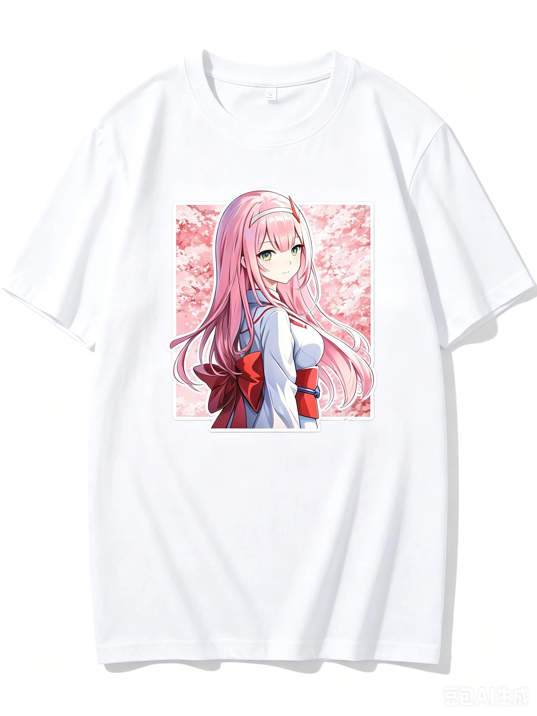 2026 New Unisex Crew Neck Casual Short Sleeve T-Shirt With Kimono Zero Two Cherry Blossom Square Frame Anime Print T-Shirt