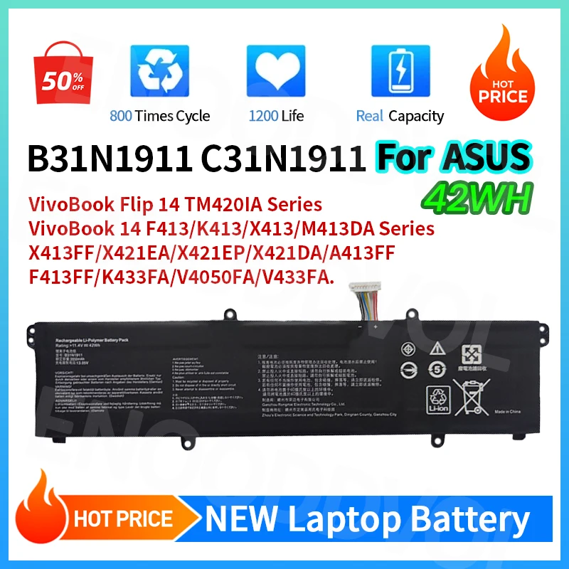 B31N1911 C31N1911 42Wh Laptop Battery for ASUS VivoBook Flip14 M413 M413DA TM420IA TM420IA K413 X413 F413 Series B0B200-03580300